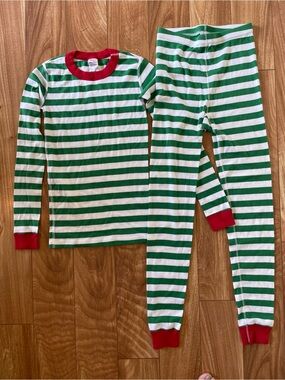 Hanna Andersson Green & White Striped Cotton Pajama Set with Red Trim Size 12